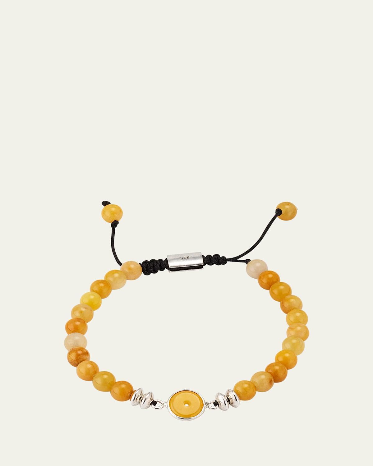 Mens Yellow Jade Beaded Bracelet with Sterling Silver Product Image