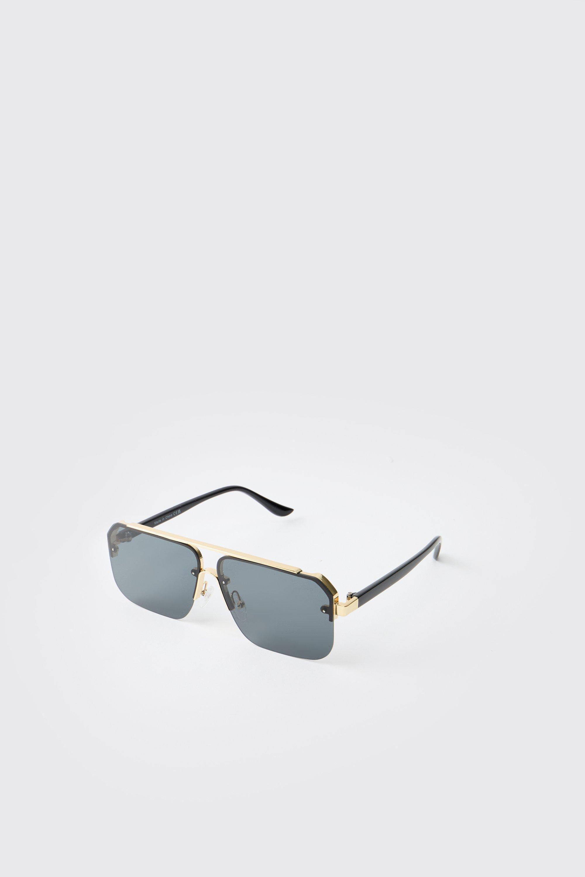 Black Aviators Sunglasses With Gold Detail | boohooMAN USA Product Image