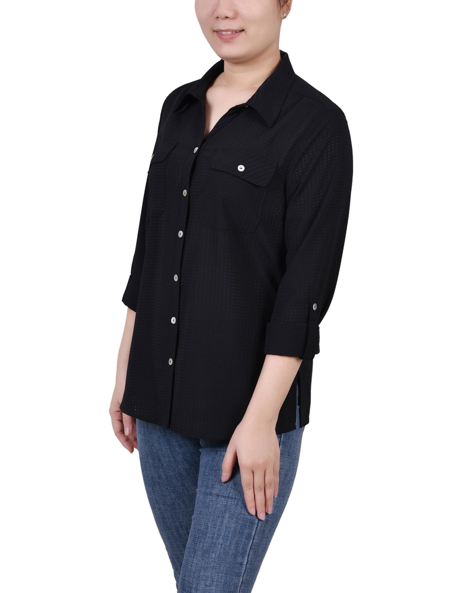 Black 3/4 Sleeve Windowpane Blouse Product Image