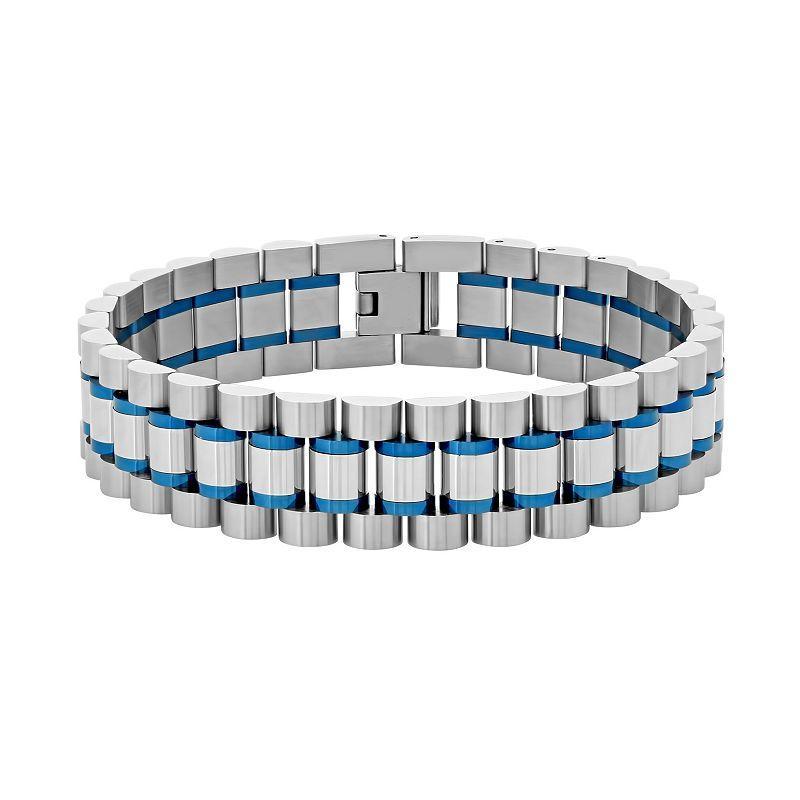 Men's Two Tone Stainless Steel Bracelet, Size: 8.5", Blue Product Image