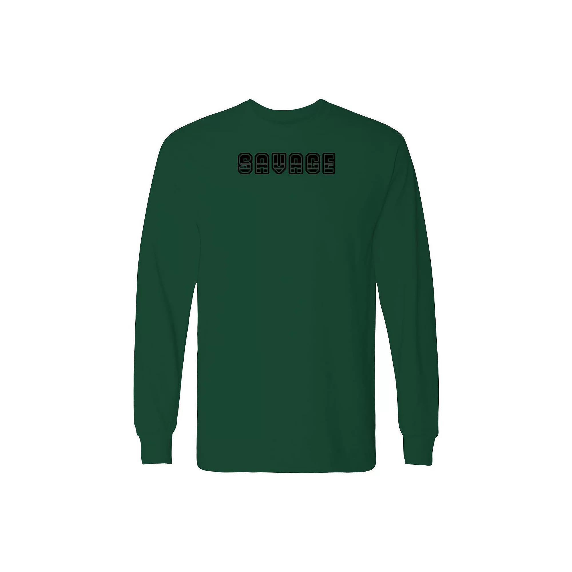 Men's "Savage" Text Long Sleeve Graphic Tee, Size: Medium, Green Green Product Image