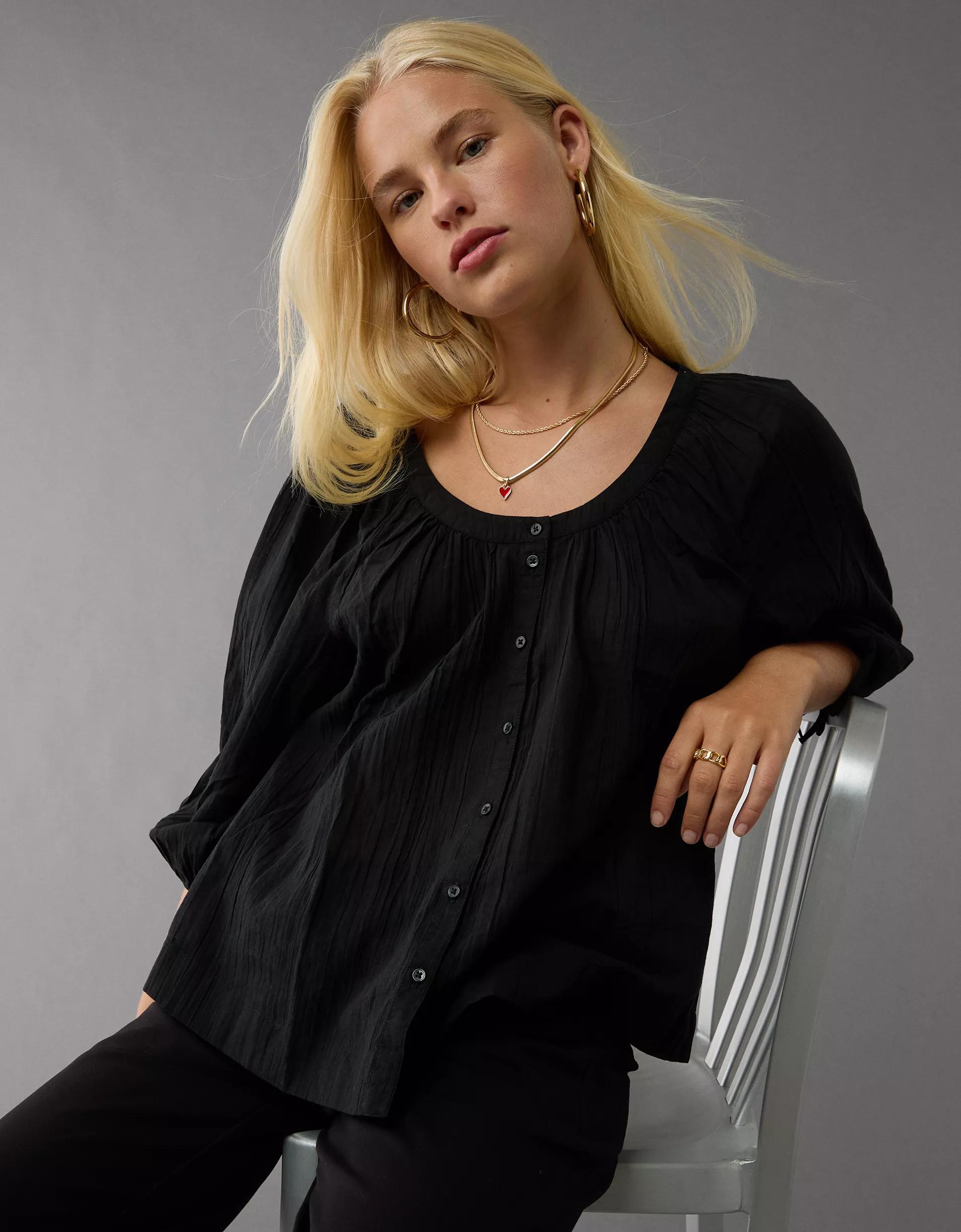 AE Long-Sleeve Open Neck Blouse Product Image