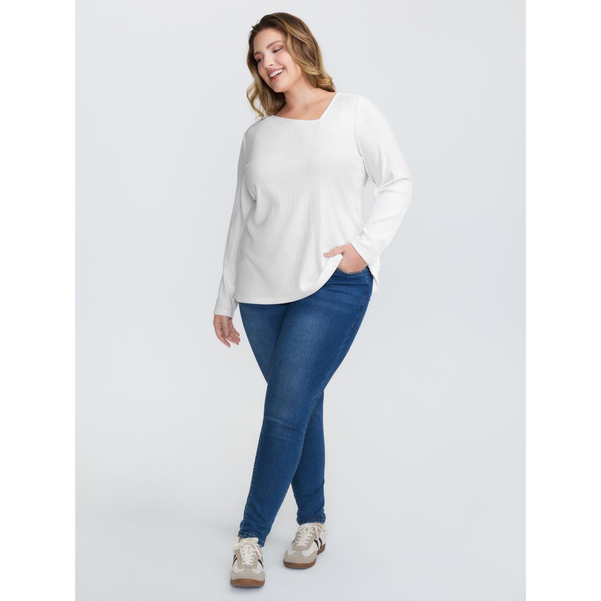 Plus Size Super Stretchy Ribbed Asymmetrical Neck T-Shirt WhiteSmoke Women Timeless Texture Asymmetrical Neck Elegant T-shirts BloomChic 14-16/1X Product Image