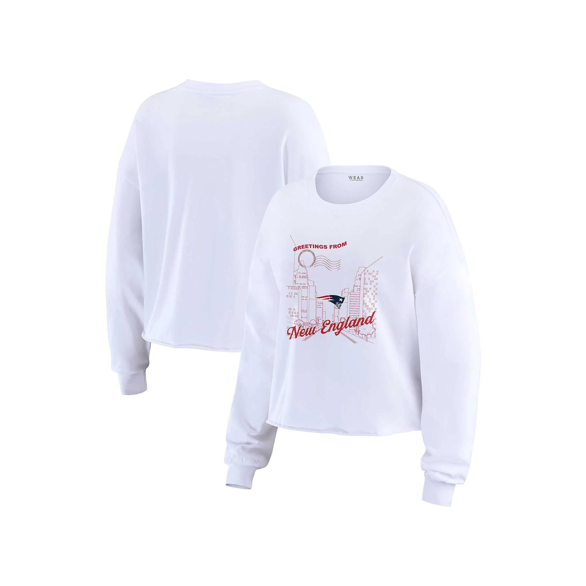 Women's WEAR by Erin Andrews White New England Patriots Postcard Cropped Long Sleeve Top, Size: Large Product Image