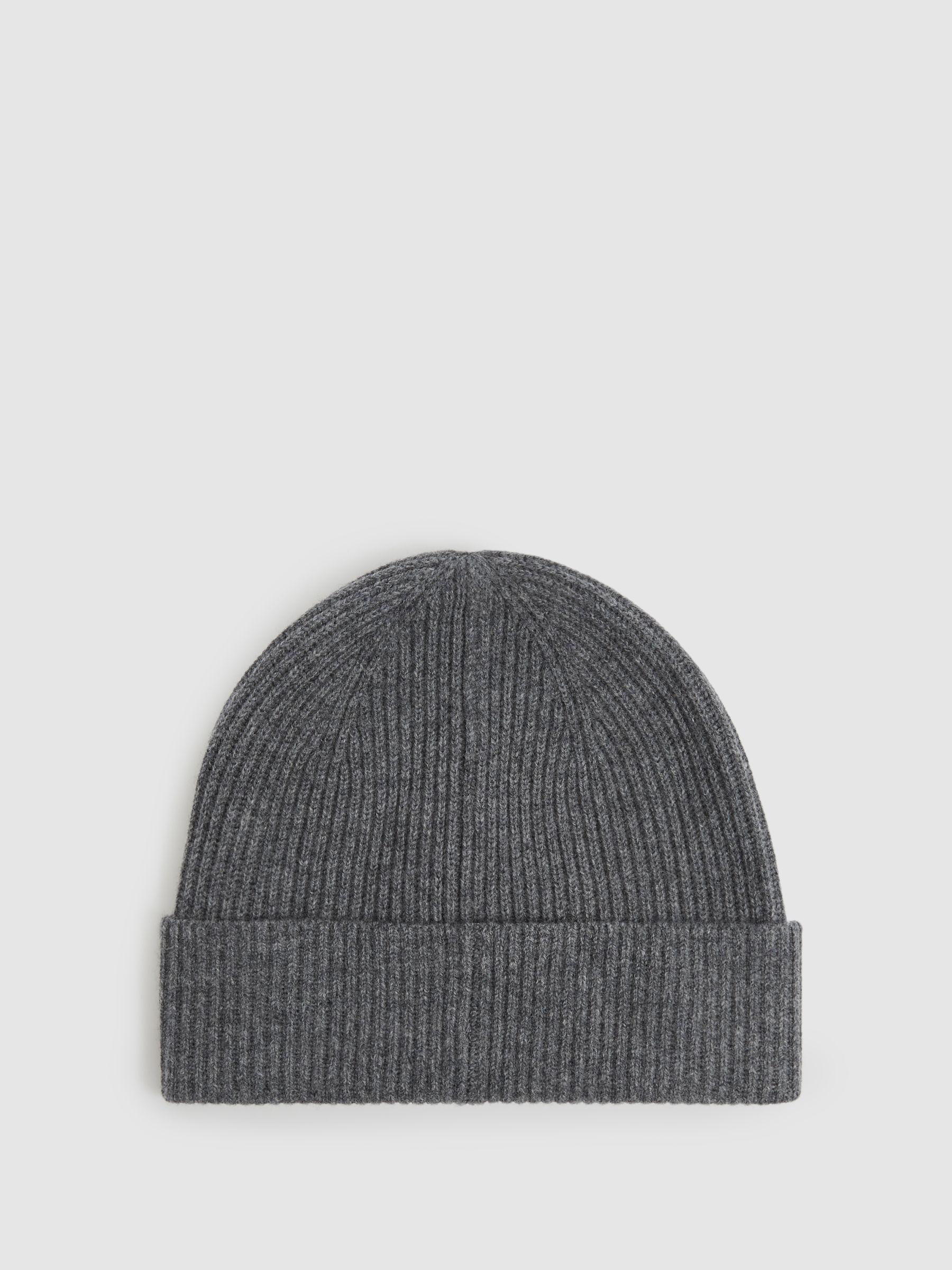 Merino Wool Ribbed Beanie Hat in Mid Grey Melange Product Image