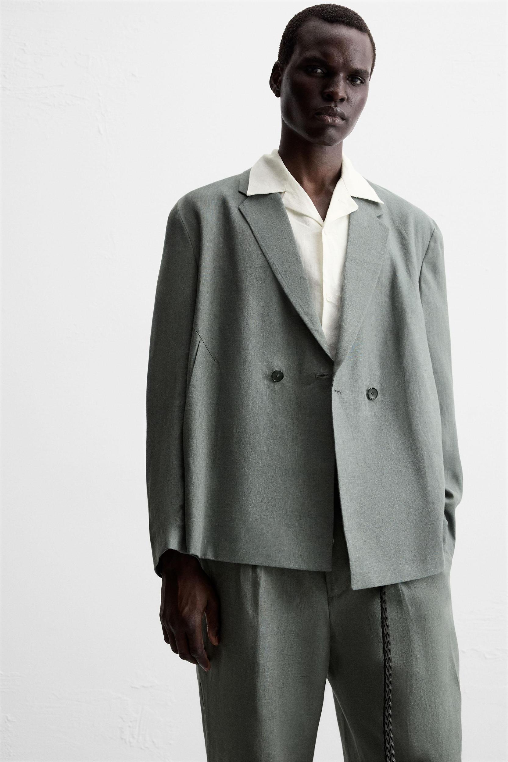 100% LINEN DOUBLE BREASTED SUIT BLAZER Product Image