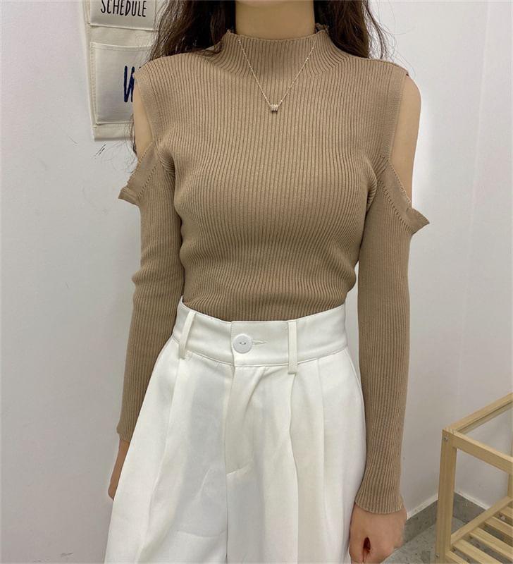 Cold-Shoulder Long-Sleeve Plain Ribbed Knit Top Product Image