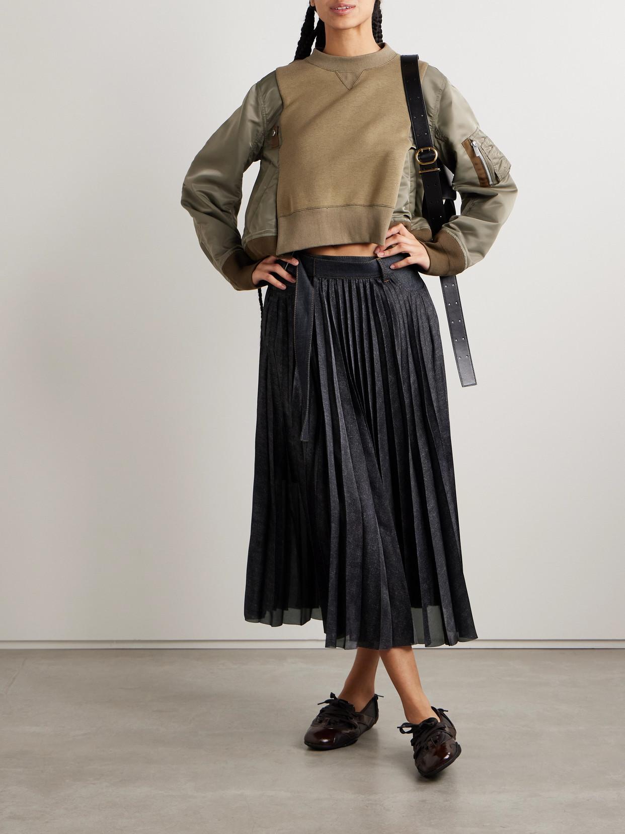 SACAI Denim-trimmed Pleated Printed Crepe De Chine Midi Wrap Skirt In Blue Product Image