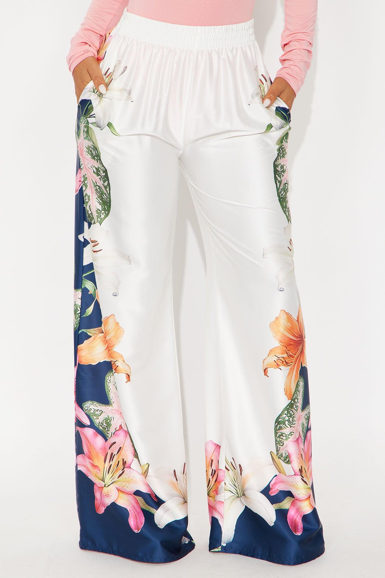 Gisella Floral Satin Wide Leg Pant - Cream/combo Female Product Image