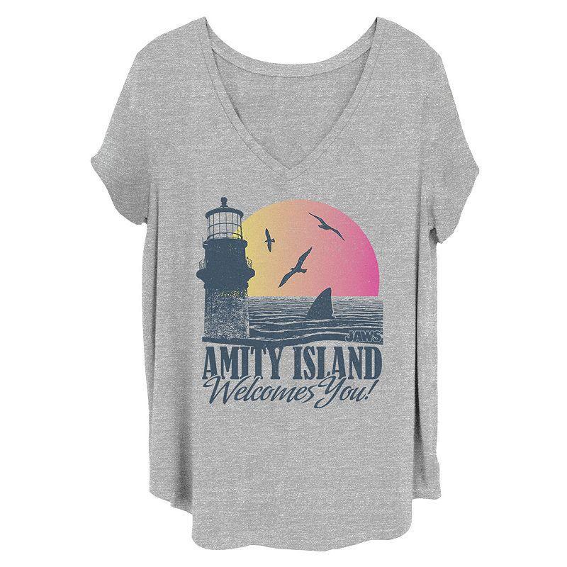 Juniors Plus Size Jaws Amity Island Welcomes You Shark Fin Sunset Tee, Girls Grey Gray Product Image