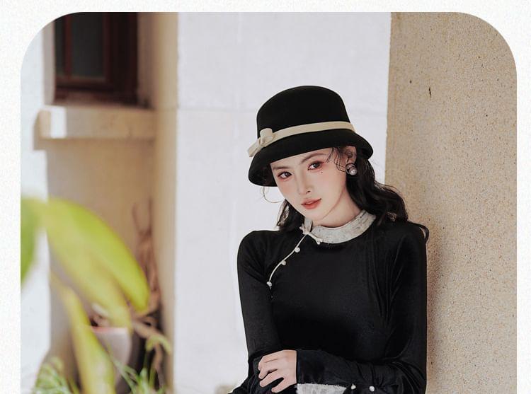 Long Sleeve Mandarin Collar Lace Trim Mock Two Piece Maxi A-Line Dress Product Image