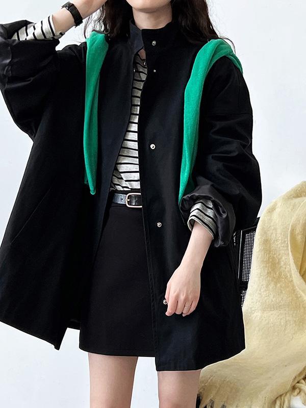 Long Sleeves Loose Pockets Solid Color Stand Collar Outerwear Trench Coats Product Image