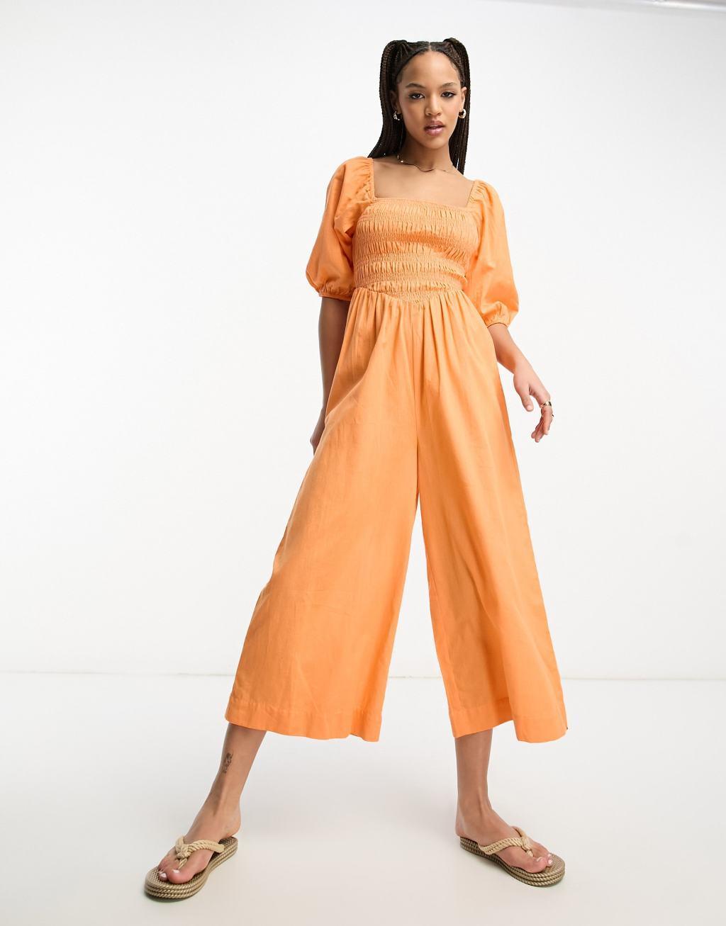 ASOS DESIGN linen look shirred puff sleeve jumpsuit Product Image