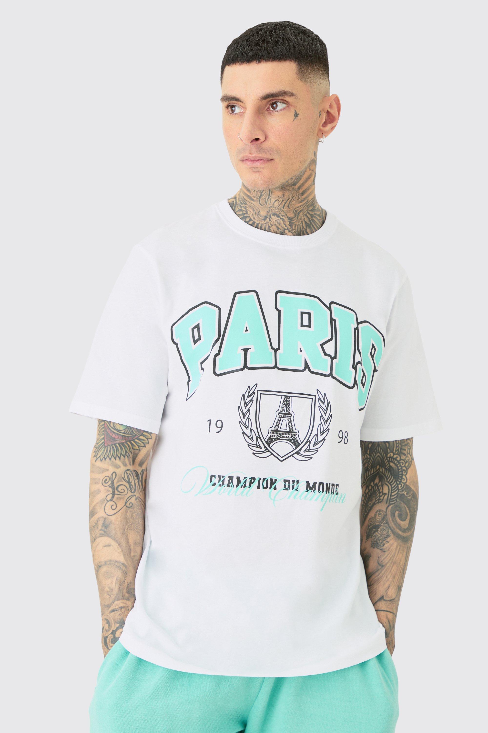 Mens White Tall Paris Varsity Print T-shirt, White Product Image