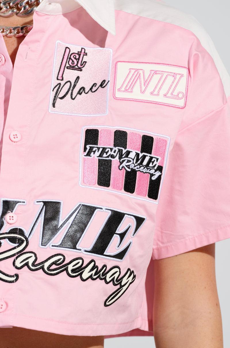 FEMME RACING BUTTON DOWN POPLIN SHIRT IN PINK Product Image