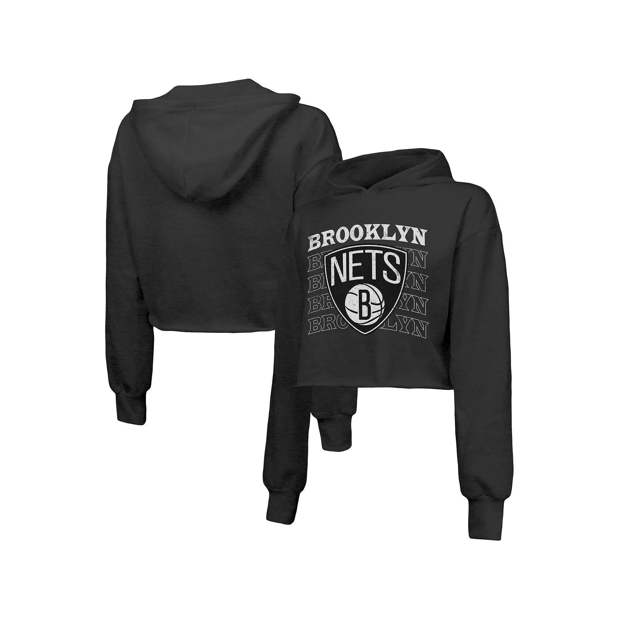 Women's Majestic Threads Black Brooklyn Nets Repeat Cropped Tri-Blend Pullover Hoodie,  Product Image