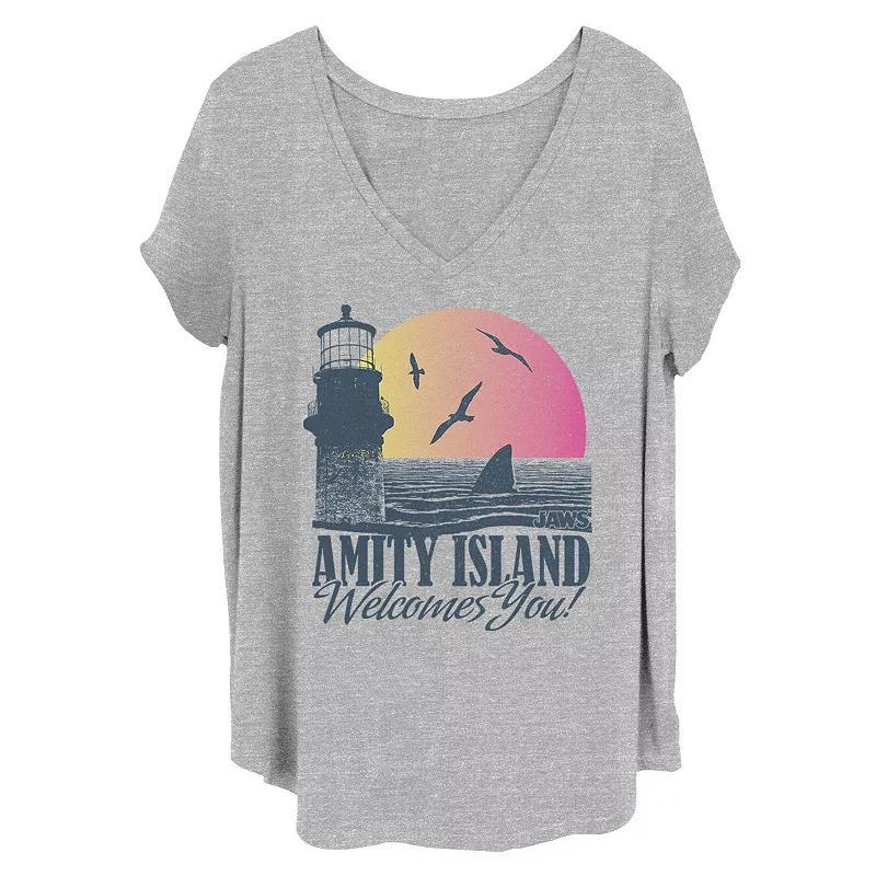Juniors' Plus Size Jaws Amity Island Welcomes You Shark Fin Sunset Tee, Girl's, Size: 1XL, Grey Gray Product Image