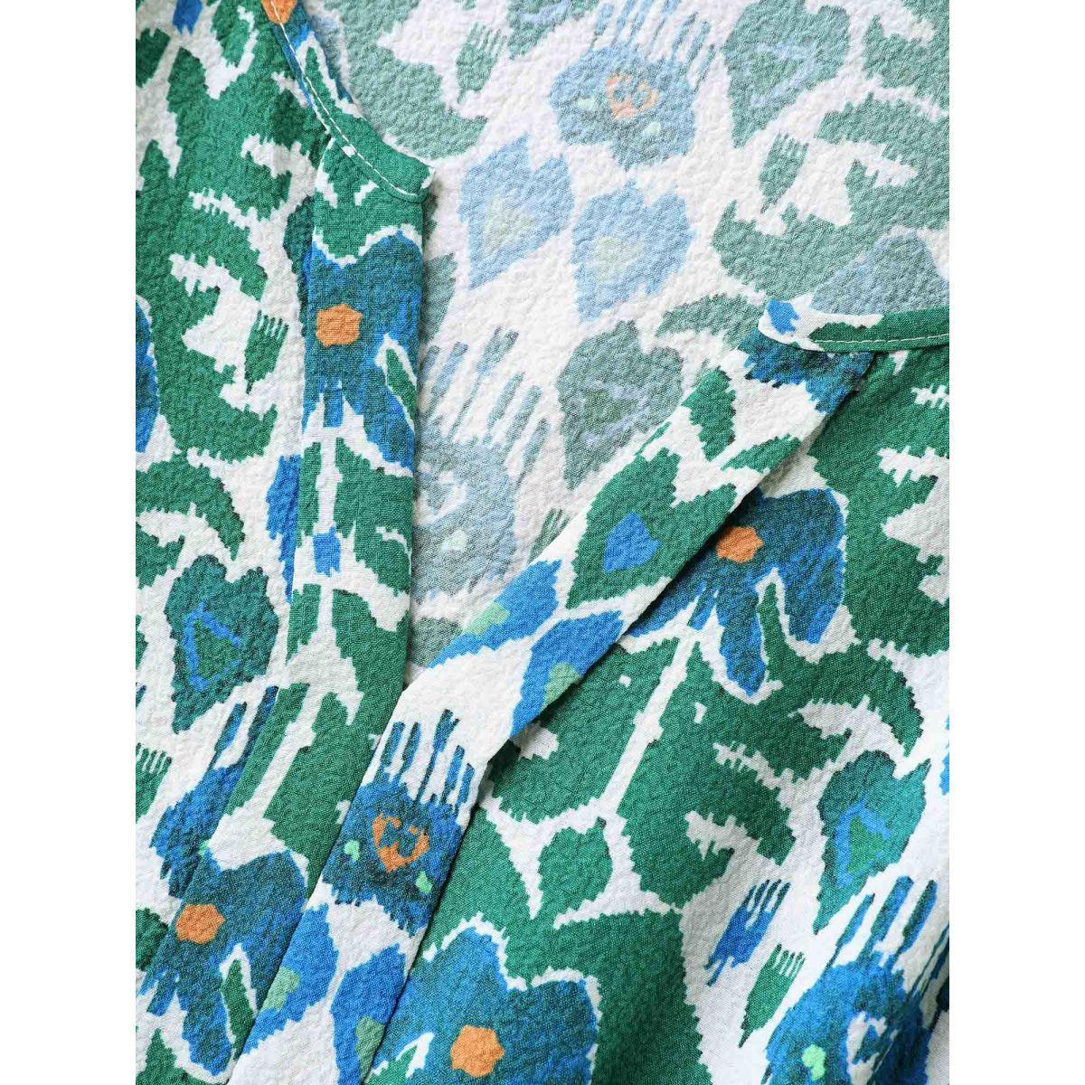 Plus Size Boho Pattern Stretchy Waist Pockets Midi Dress Teal Women Boho Flat collar with V-notch Short sleeve Curvy BloomChic 10/M Product Image