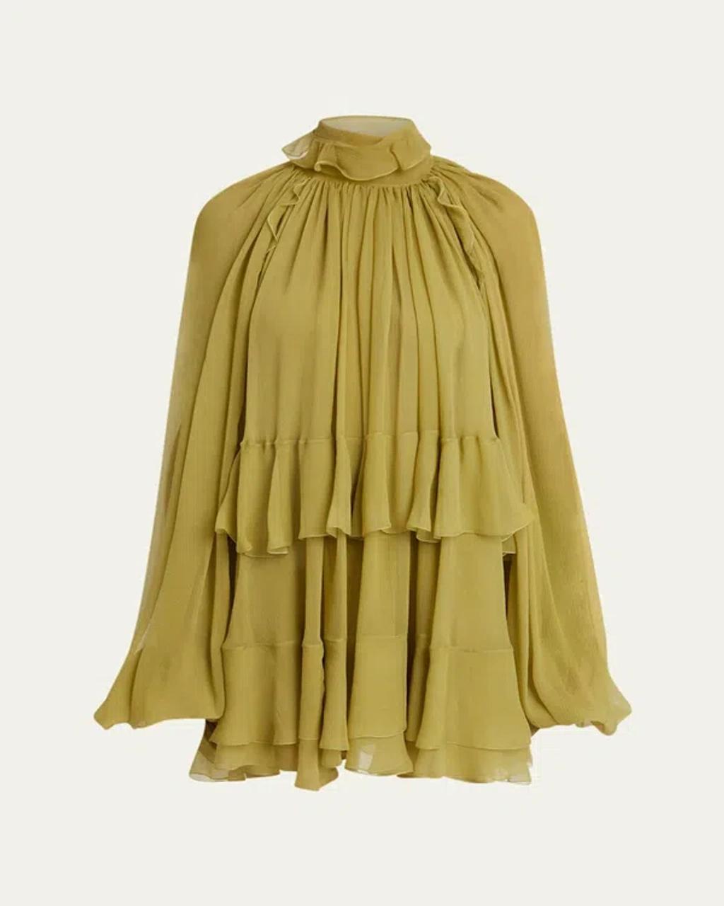 Ruffled Silk Mini Cape Dress In Green Product Image