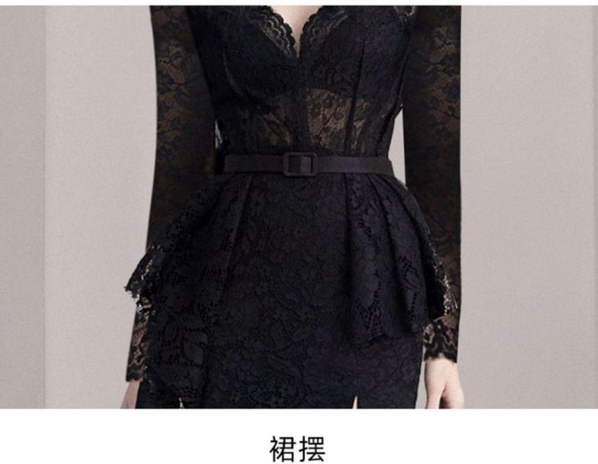 Long-Sleeve V-Neck Belted Slit Lace Midi Bodycon Dress Product Image