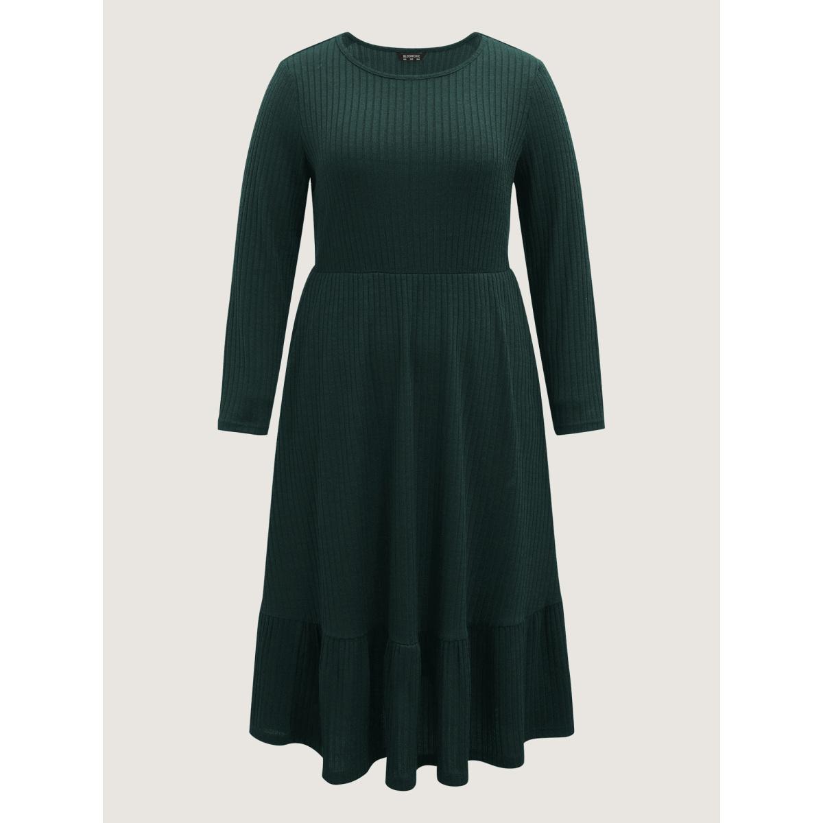 Plus Size Solid Pocket Rib Knit Ruffle Hem Dress Without Belt DarkGreen Women Leisure Non Round Neck Long Sleeve Curvy Midi Dress BloomChic 28/5X Product Image