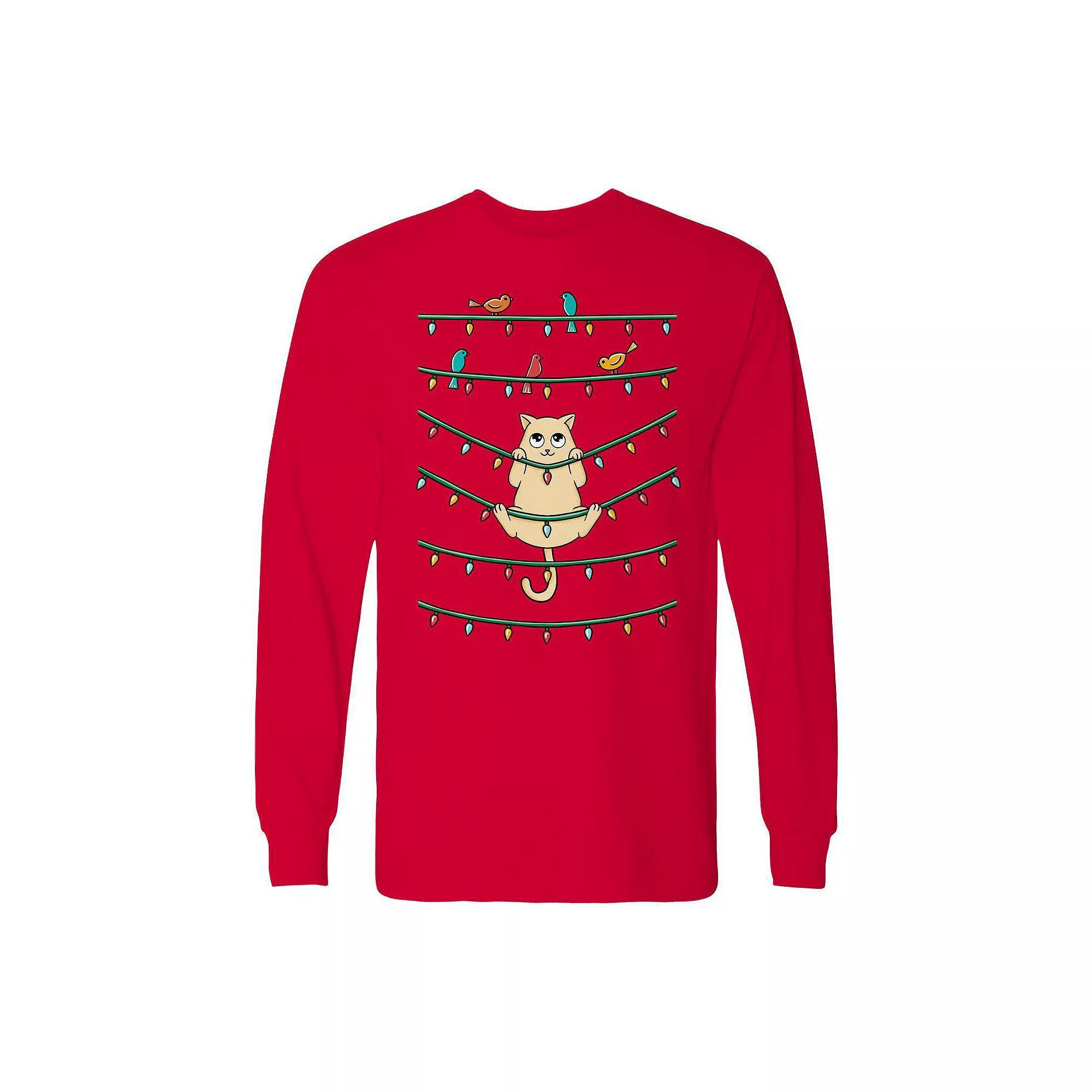 Men's Cat and Birds Christmas Long Sleeve Graphic Tee, Size: Medium, Black Product Image