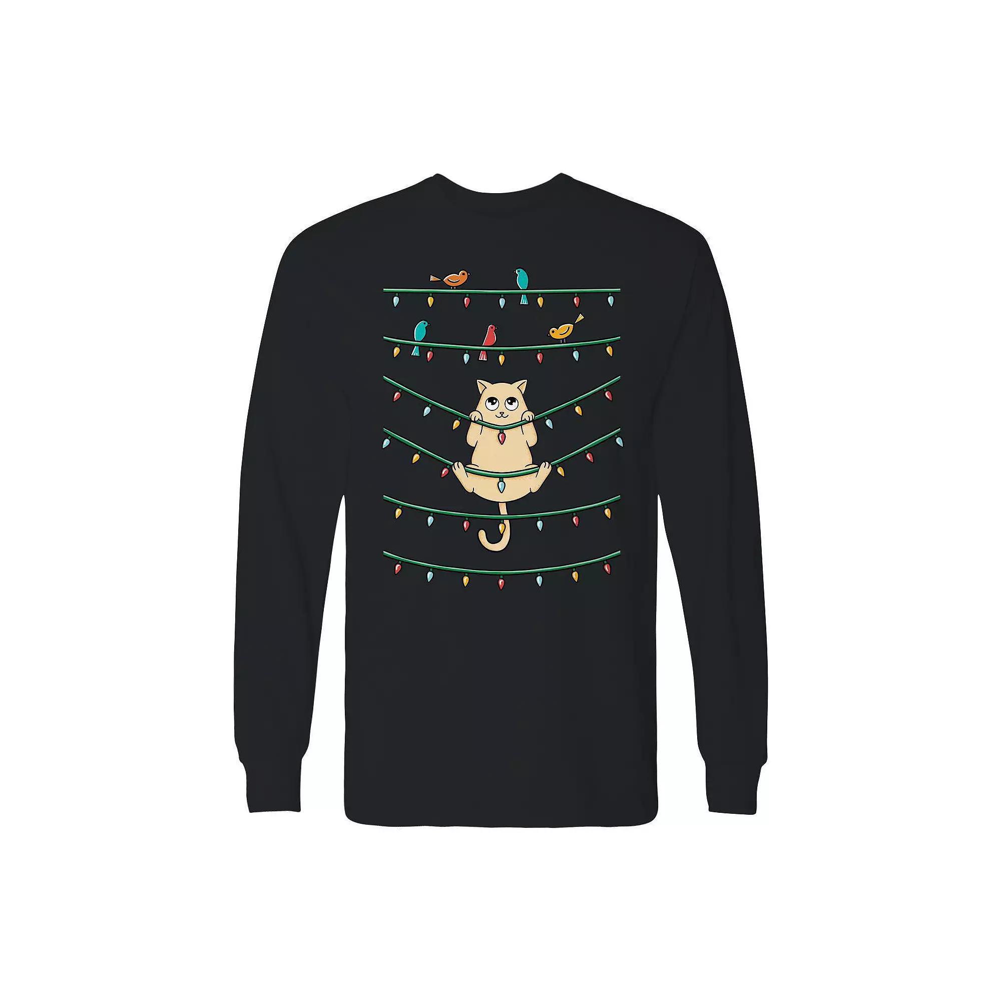 Men's Cat and Birds Christmas Long Sleeve Graphic Tee, Size: Medium, Black Product Image