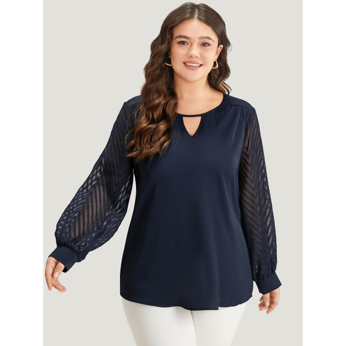 Plus Size Indigo Plain Keyhole Lace Patchwork Lantern Sleeve Blouse Women Office Long Sleeve Keyhole Cut-Out Work Blouses BloomChic 22-24/3X Product Image