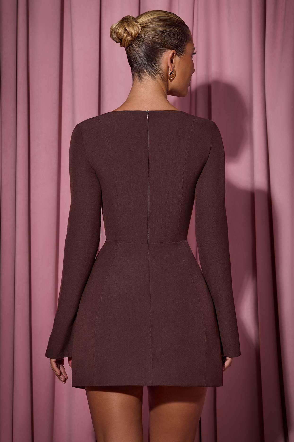 Square-Neck Structured Tulip Mini Dress in Chocolate Brown Product Image