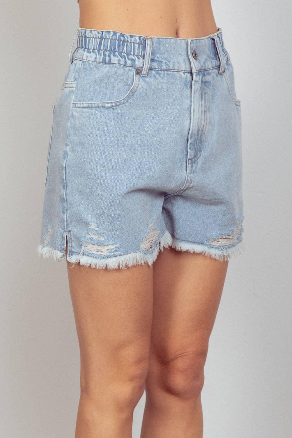 Elastic High Waist Distressed Washed Denim Shorts Product Image