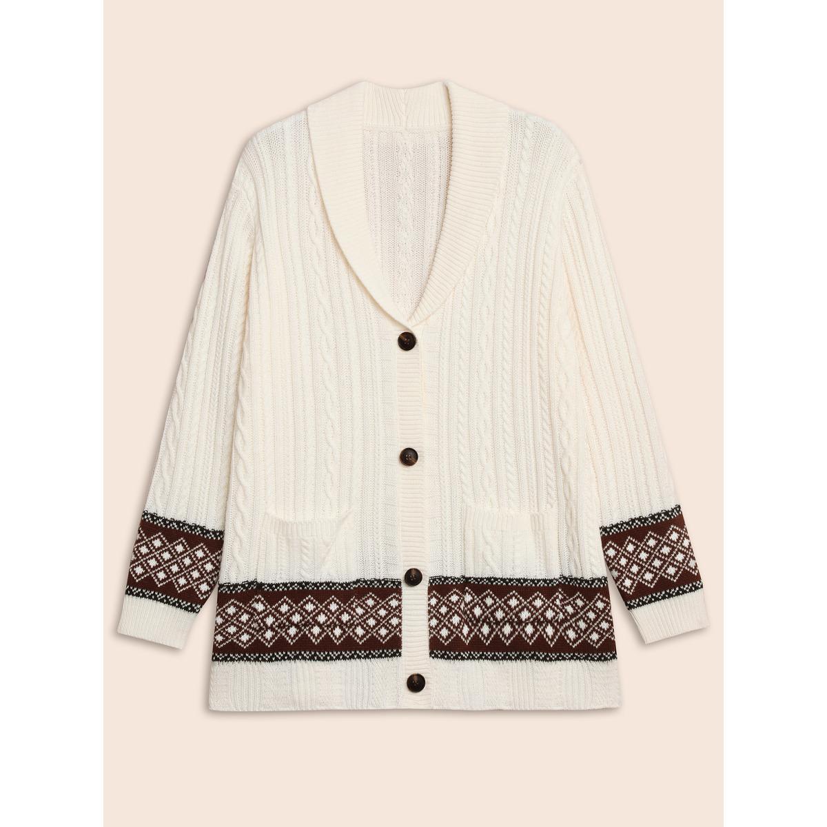 Plus Size Cable Knit Pockets Collared Cardigan Ivory Women Casual Loose Long Sleeve Everyday Cardigans BloomChic 28/5X Product Image