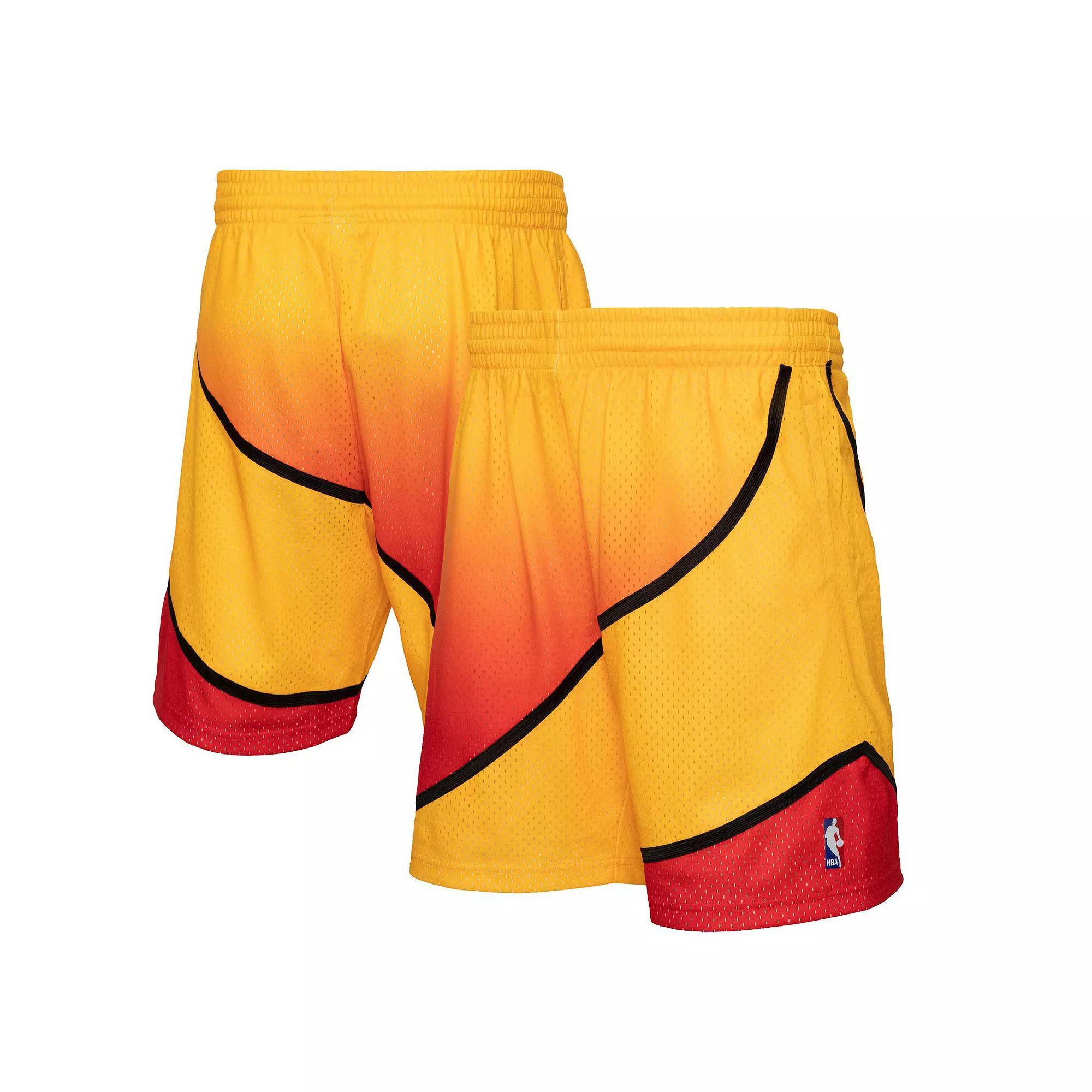 Men's Mitchell & Ness Gold/Red Atlanta Hawks 1986/87 Hardwood Classics Fadeaway Reload 3.0 Swingman Shorts,  Product Image