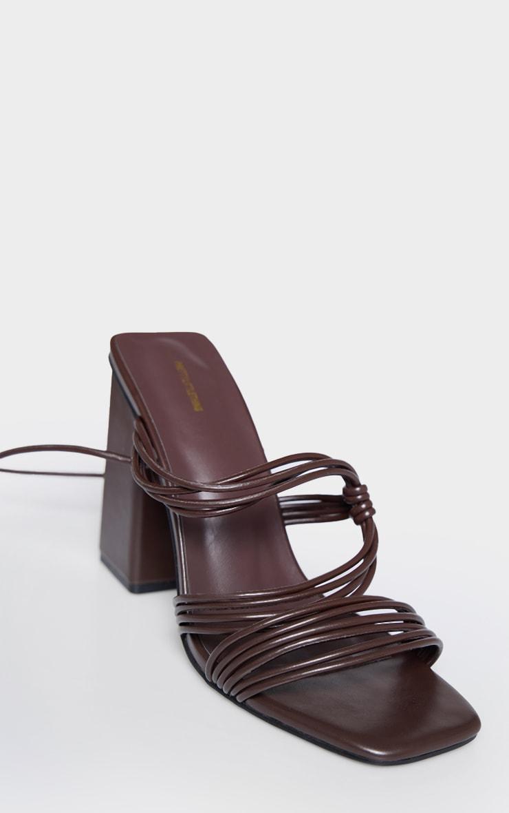 Chocolate Pu Square Toe Strappy Lace Up Block Heeled Sandals Product Image