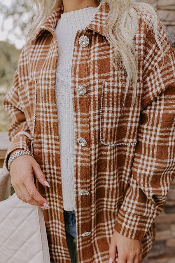 Start The Bonfire Embellished Plaid Jacket in Chocolate Product Image