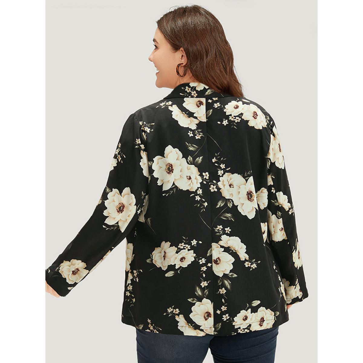 Plus Size Floral Print Suit Collar Pocket Blazer Black Women Work Floral Printed Sleeve Long Sleeve Lapel Collar 28/5X Pocket Office Blazers BloomChic Product Image