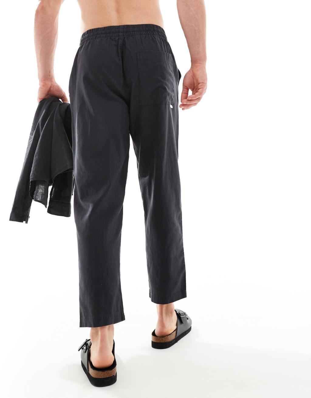 Pull&Bear linen mix wide leg pants in black Product Image