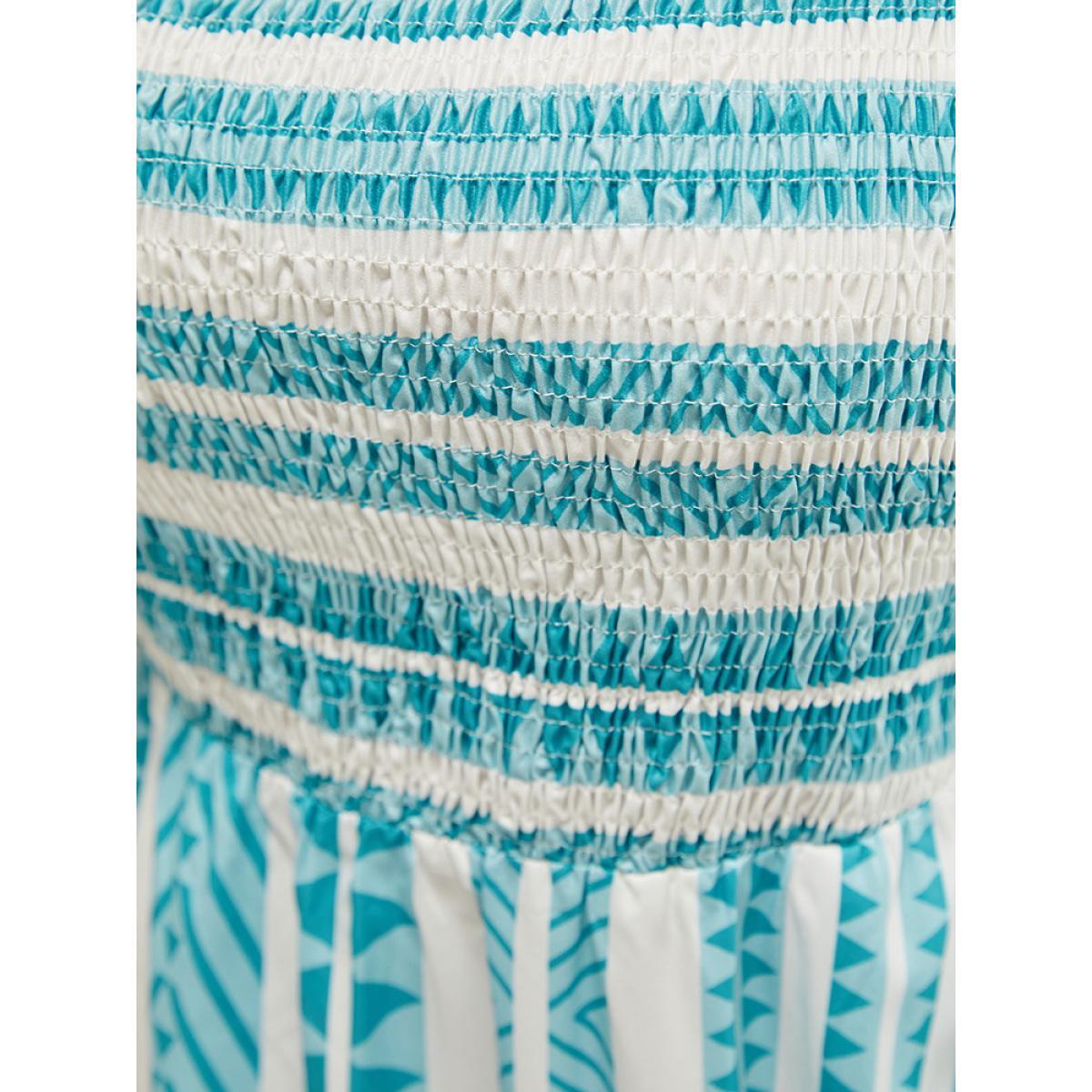 Plus Size Striped Contrast Square Neck Pocket Ruffles Shirred Cami Dress LightBlue Women Vacation Square Neck Cap Sleeve Curvy Midi Dress BloomChic 12/L Product Image