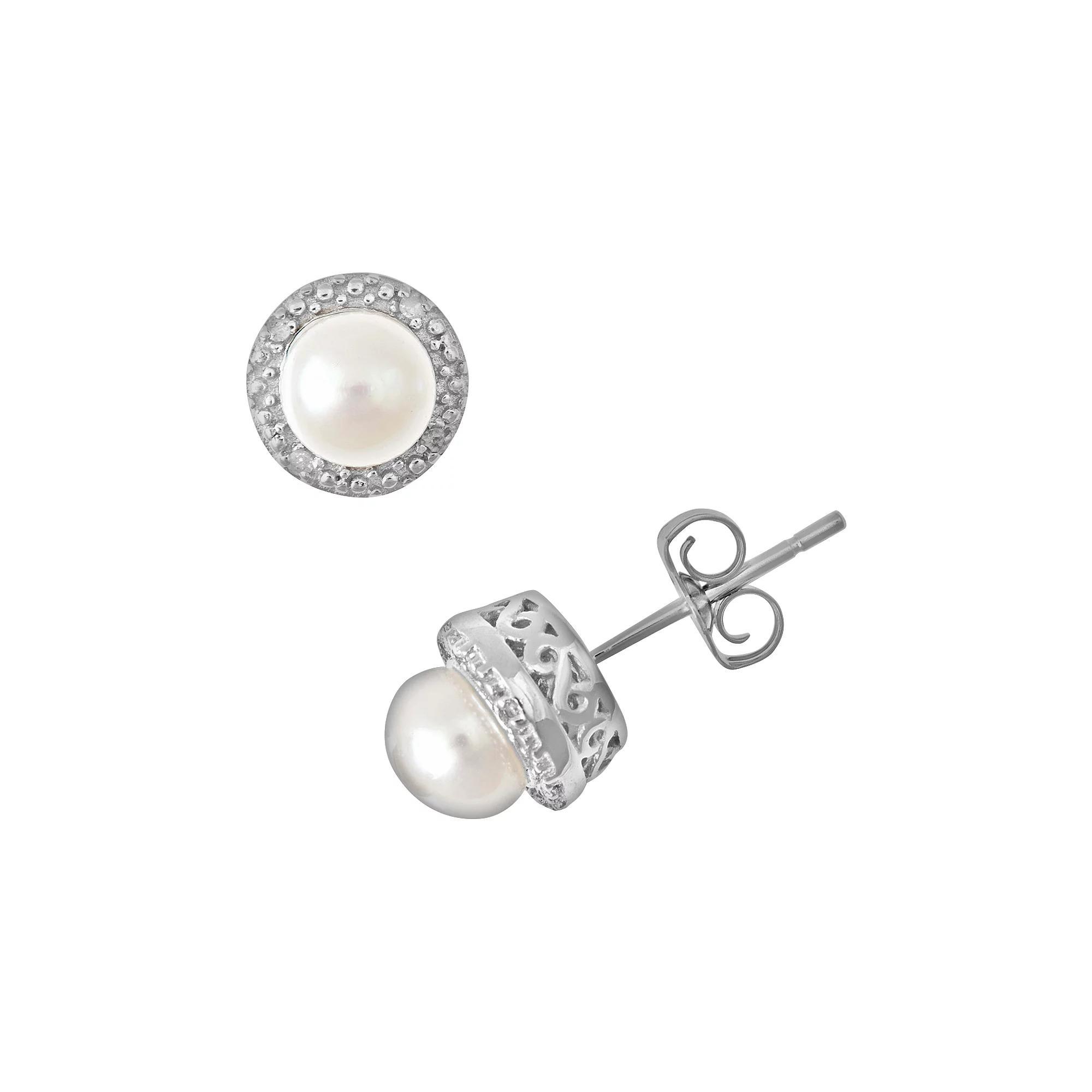 Celebration Gems Sterling Silver Freshwater Cultured Pearl and Diamond Accent Frame Stud Earrings, Women's Product Image