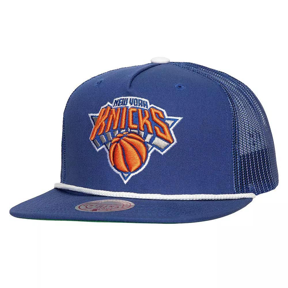 Men's Mitchell & Ness Blue New York Knicks Roper Meshback Trucker Snapback Hat Product Image