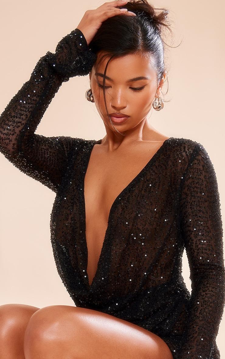 Black Sequin Cowl Neck Long Sleeve Romper Product Image