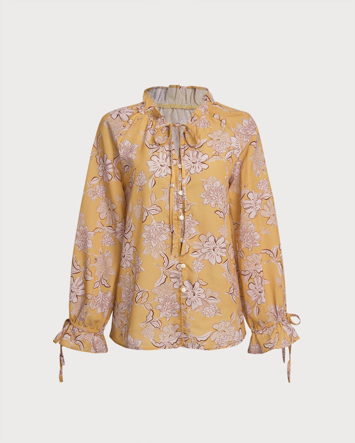 Yellow Floral Ruffle Bell Sleeve Shirt Product Image