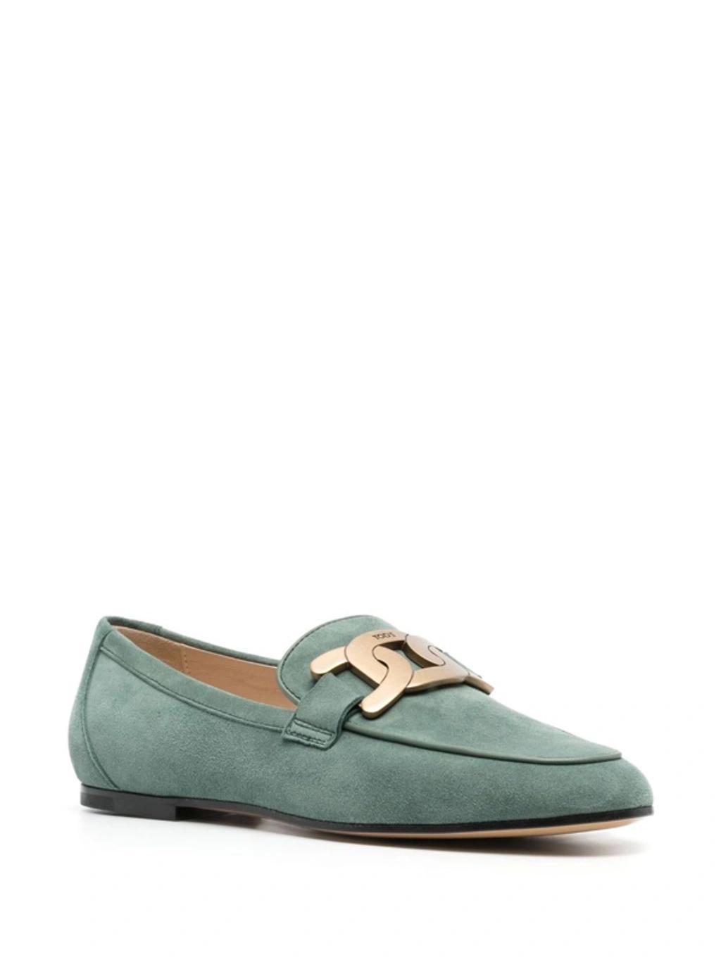 TOD'S Embellished Suede Loafers In Green Product Image