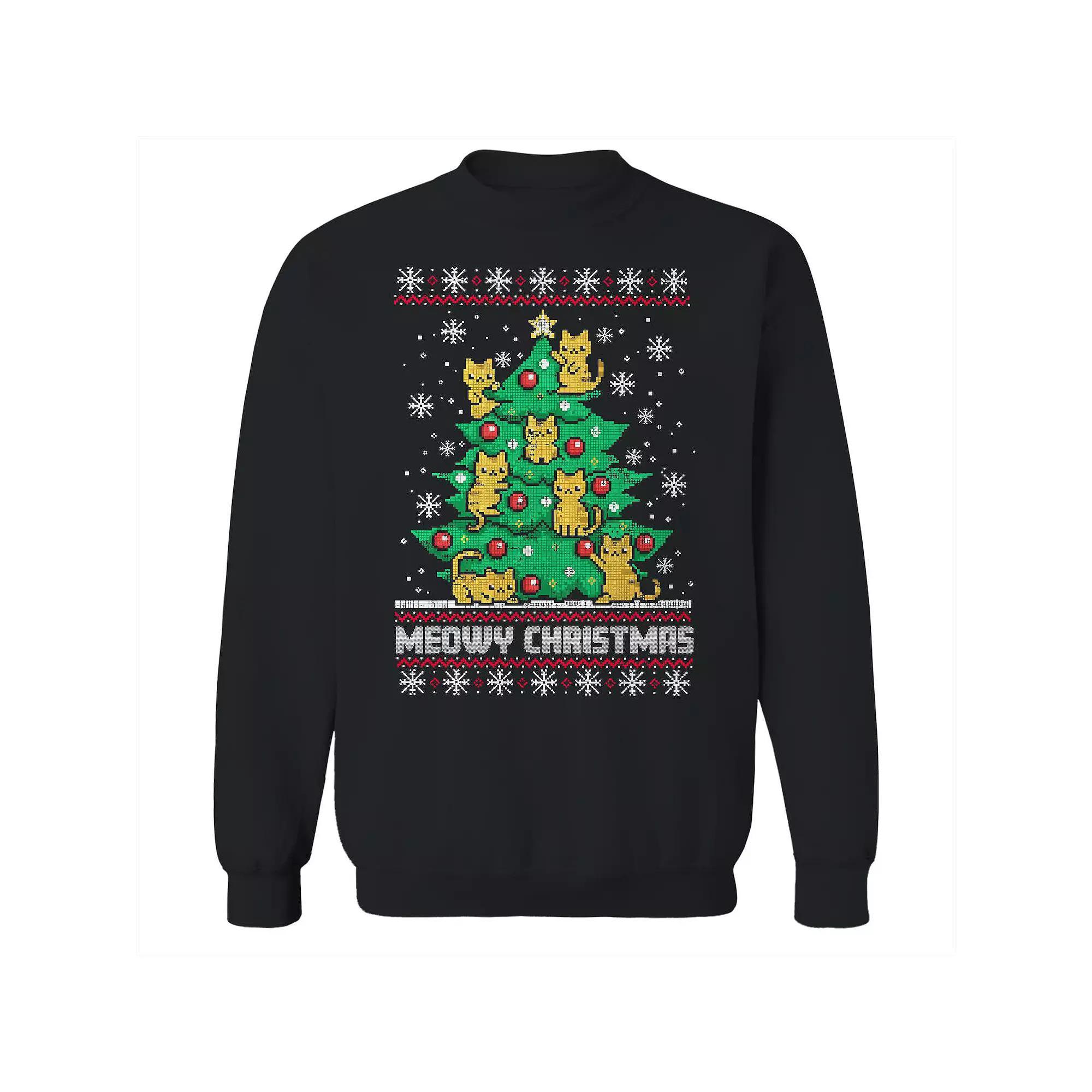 Men's Meowy Tree Christmas Sweater Graphic Sweatshirt, Size: Small, Black Product Image