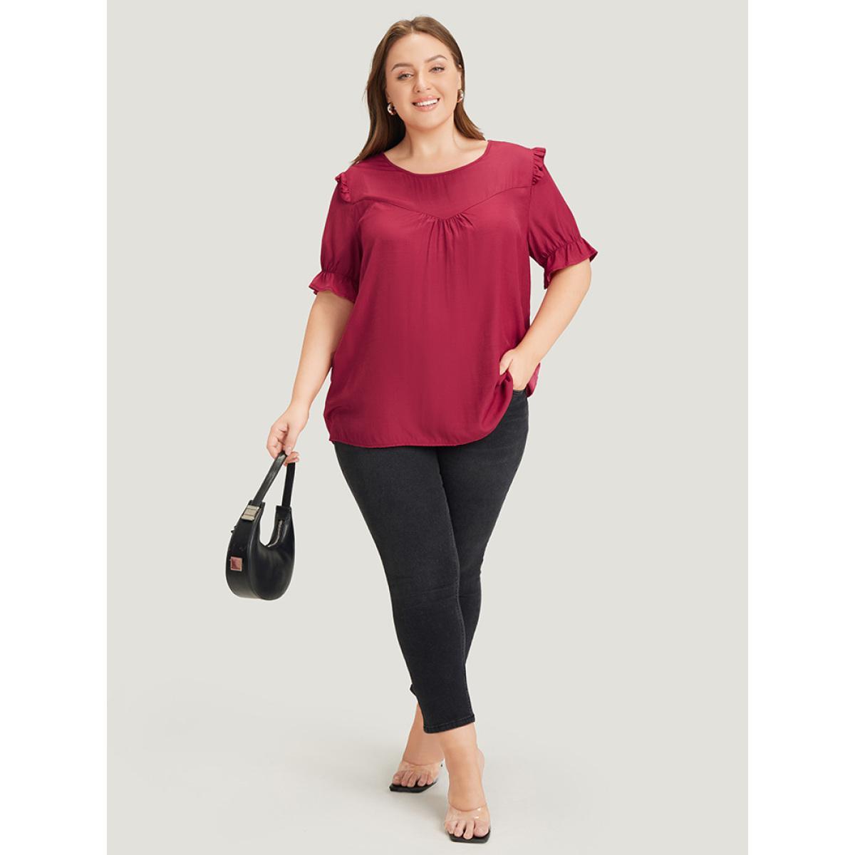 Plus Size RedViolet Plain Gathered Ruffle Trim Puff Sleeve Blouse Women Office Short sleeve Round Neck Work Blouses BloomChic 18-20/2X Product Image