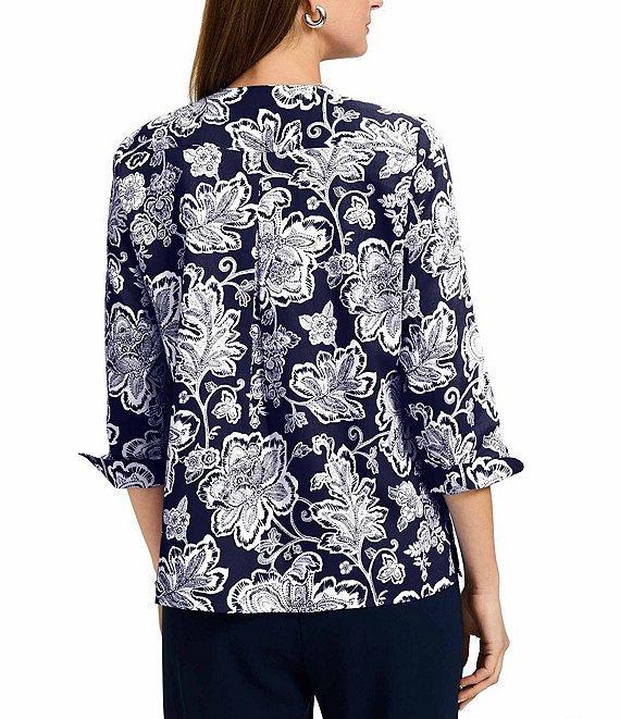 Foxcroft Vena Wrinkle-Free Floral Cotton Sateen Split V-Neck 3/4 Sleeve Button-Front Shirt Product Image