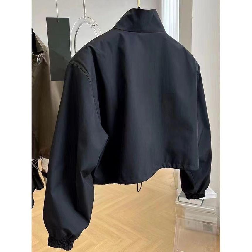 Stand Collar Plain Drawstring Hem Zip-Up Crop Jacket Product Image