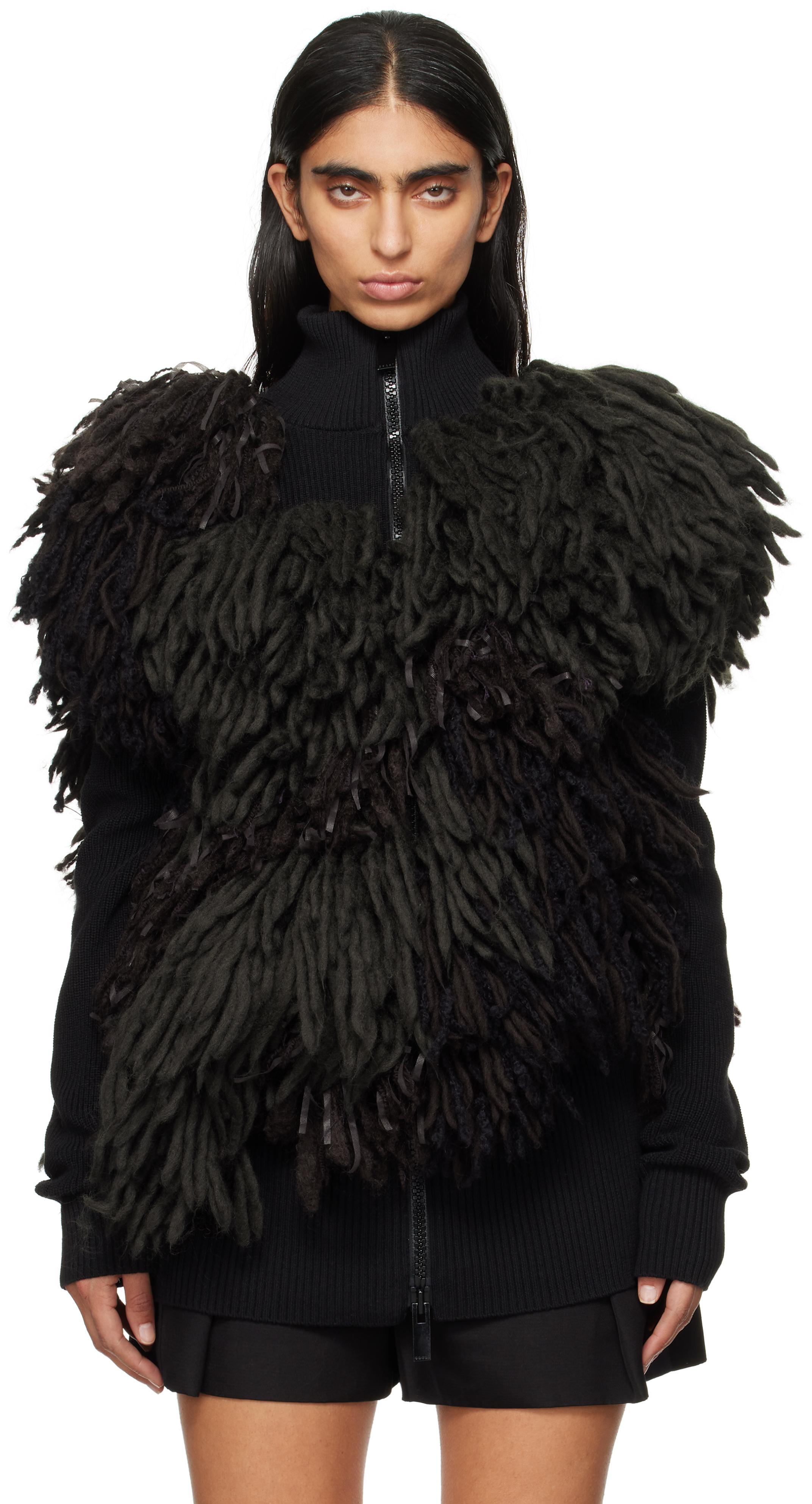 SACAI Zip-up Fringe Knit Jacket In 501 Khaki Product Image