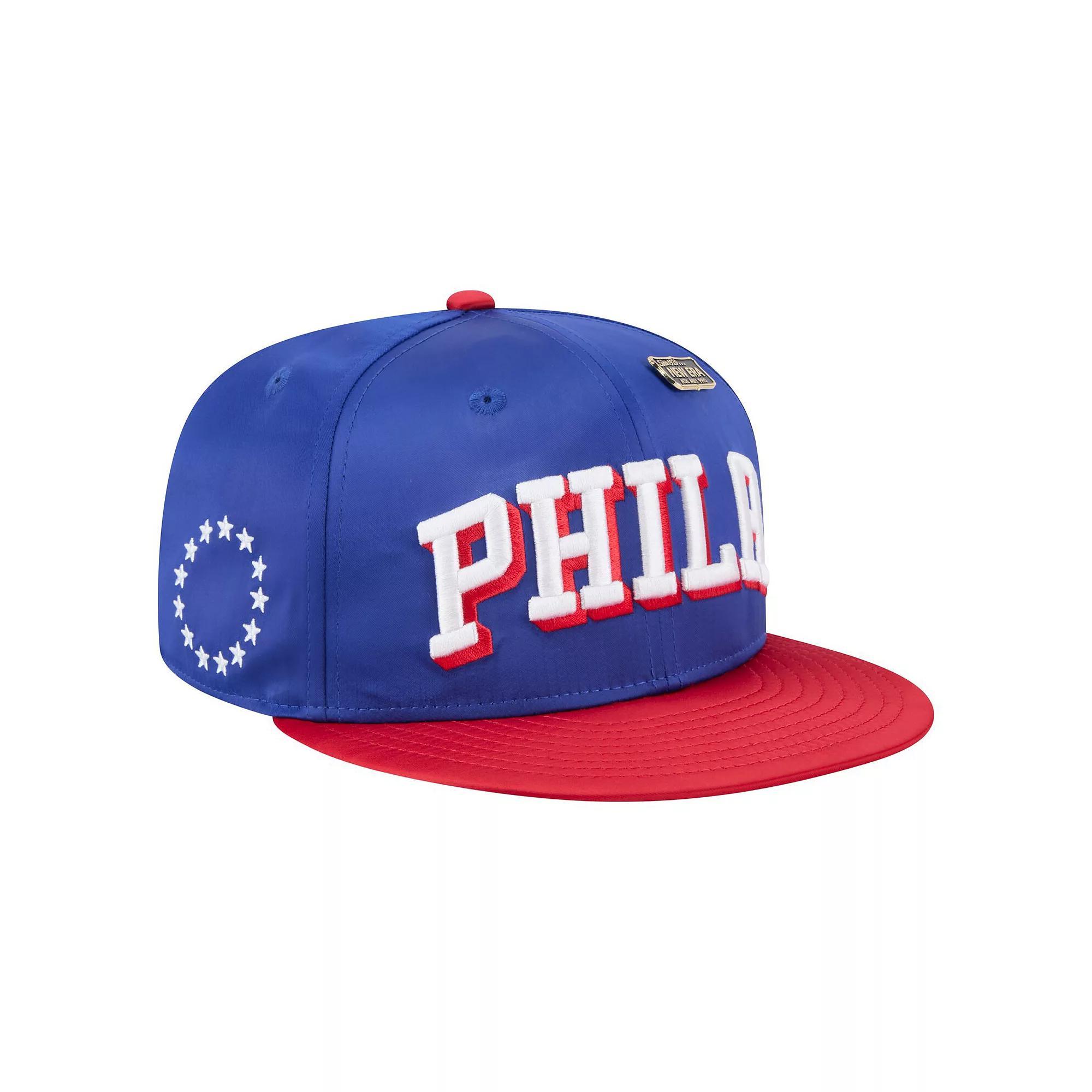 Men's New Era Royal/Red Philadelphia 76ers Throwback Satin Vintage Pin Two-Tone 59FIFTY Fitted Hat,  Product Image