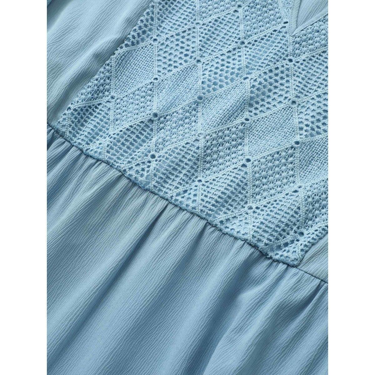 Plus Size Geometric Hollow Out Notched Ruffle Layered Hem Dress LightBlue Women Elegant Broderie anglaise Round Neck Long Sleeve Curvy Midi Dress BloomChic 30/6X Product Image