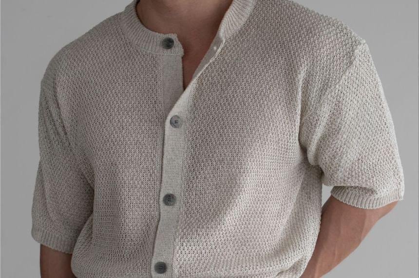 Short-Sleeve Button-Up Knit Top Product Image